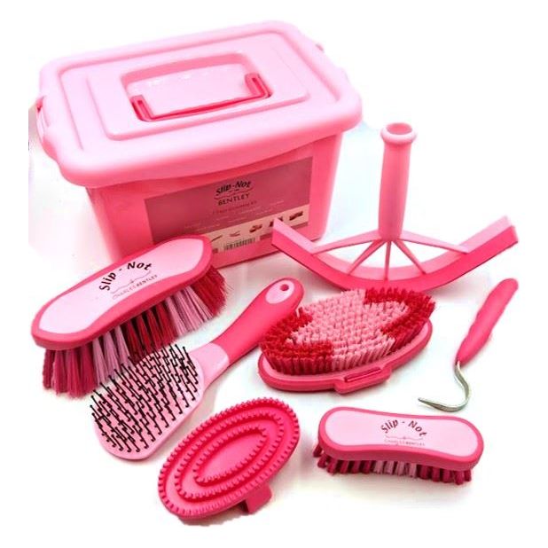 Charles Bentley Slip-Not Equestrian Horse Grooming Cleaning Brush Kit Pink Set