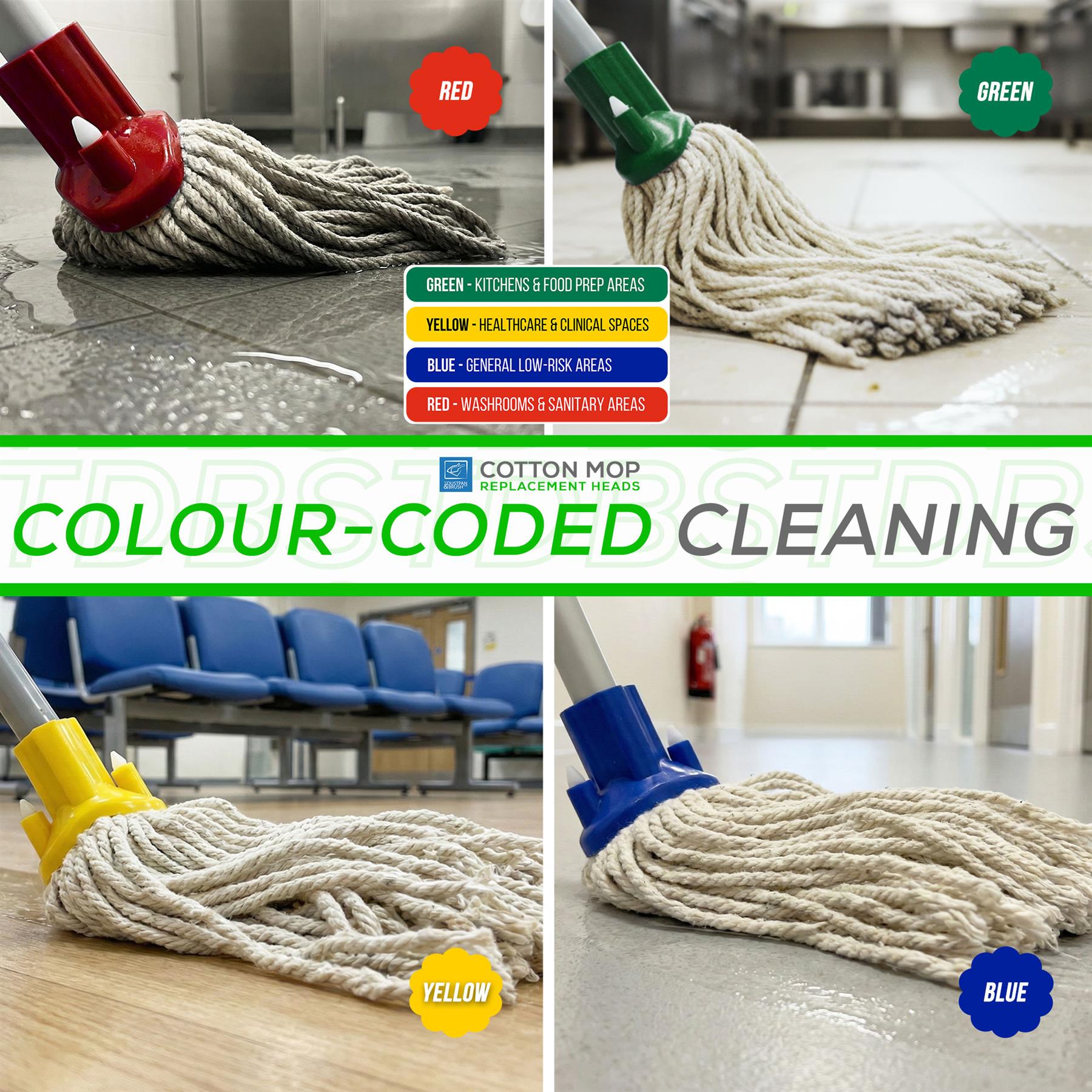 A four-panel comparison graphic for cotton mop cleaning solutions, showing different colored mop heads and mops in use on tiled floors. The panels are labeled Red, Green, Yellow, and Blue, with a central banner reading 'COLOUR-CODED CLEANING' and the Cotton Mop brand logo.