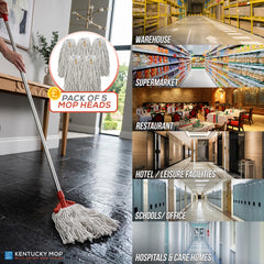 Kentucky Mop with mop heads on a floor, surrounded by images of various indoor settings.
