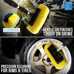 A two-panel promotional graphic for a car tire and wheel cleaning brush. The top panel shows the brush being used on a soapy car wheel, with text reading 'GENTLE ON FINISHES TOUGH ON GRIME' and a circular inset highlighting all-round bristles.