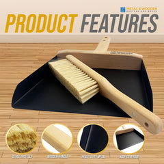 A heavy-duty metal dustpan with a wooden handle and a matching wooden-handled brush, displayed on a wood-look floor. The image includes a 'Product Features' header with feature callouts and circular inset images highlighting the dense bristles, wooden handle, heavy-duty metal, and wide coverage.