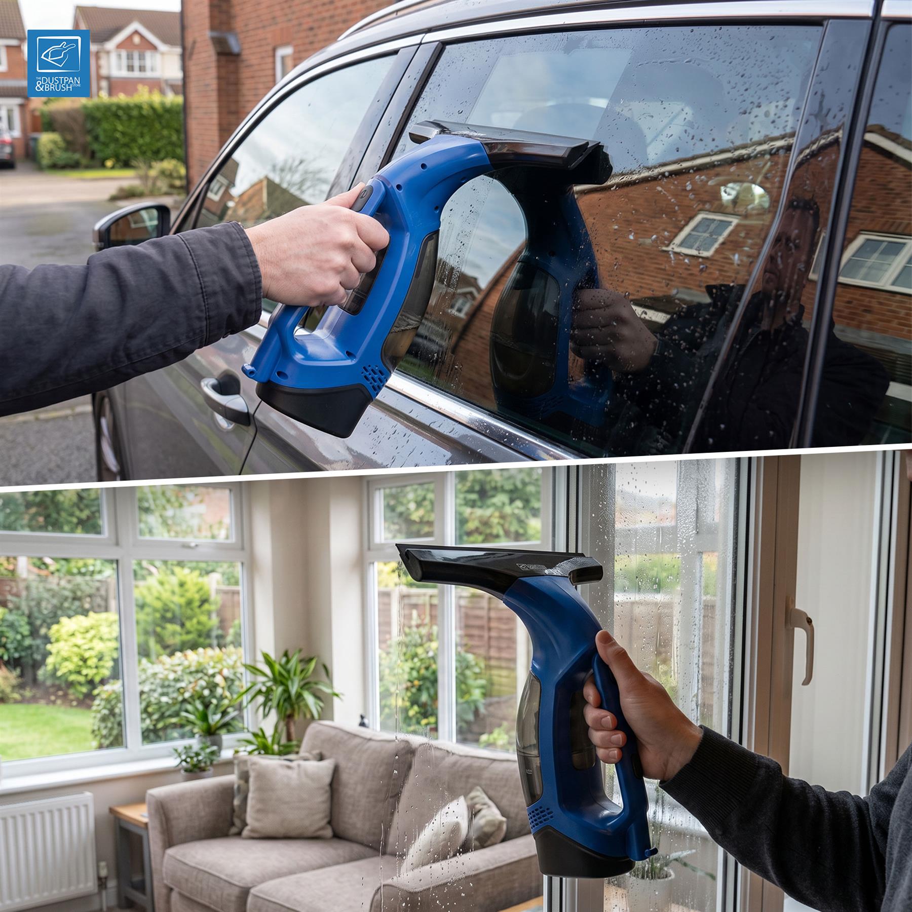 A two-panel demonstration of a blue and black handheld car window ice scraper. The top panel shows a hand using the scraper on a wet car window, with reflections of a house and another person visible in the glass.