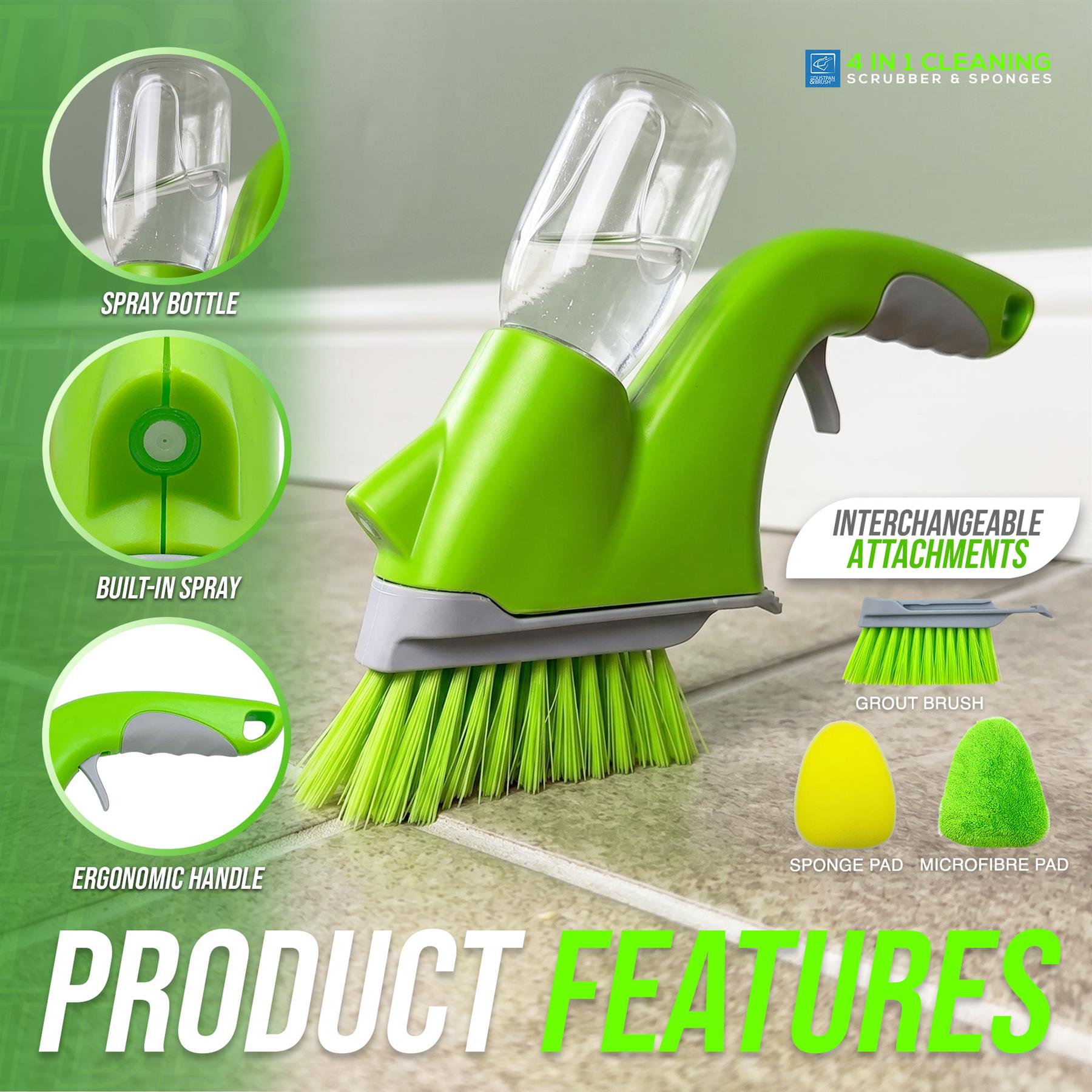 Green and grey 4-in-1 cleaning scrubber sponge with a clear spray bottle, shown on a countertop with feature callouts for spray bottle, built-in spray, ergonomic handle, and interchangeable attachments.