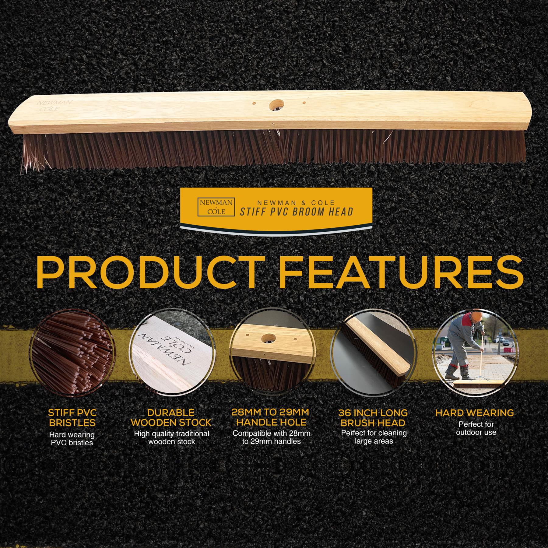 Newman & Cole broom head with product features on a black background