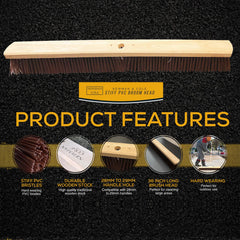 Newman & Cole broom head with product features on a black background