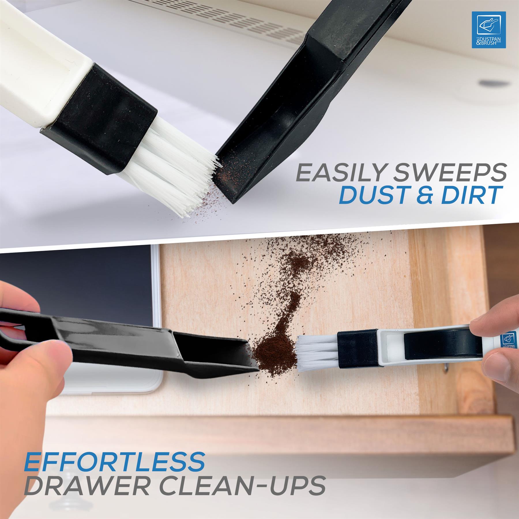 Cleaning brush being used to sweep dust and dirt from a drawer, with text indicating ease of use.