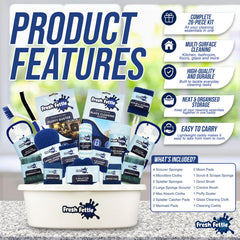 A Fresh Fettle glass cleaning kit displayed in a white bucket with multiple cleaning tools and cloths, set against a light gray textured background with large blue 'PRODUCT FEATURES' text and feature callouts.