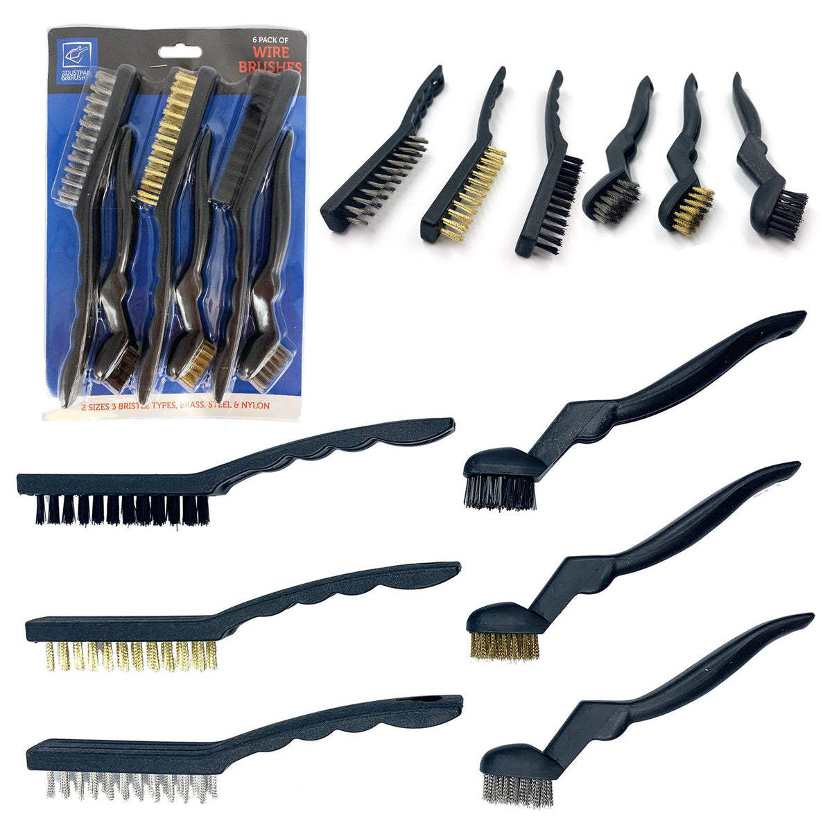Wire Brush Set Pack of 6 | Steel, Brass & Nylon Brushes