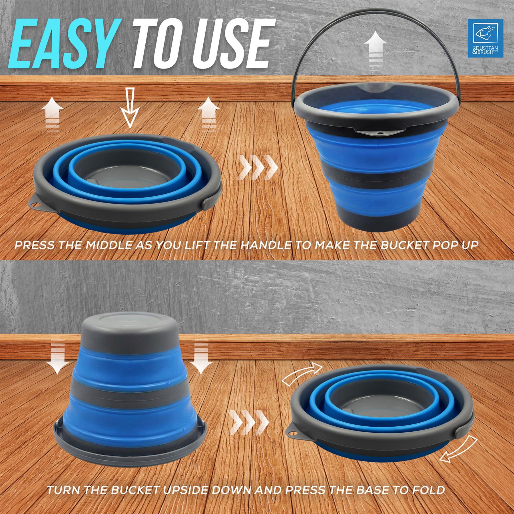 Instructional graphic showing how to use a blue and grey collapsible bucket. The top panel shows the handle popping up with arrows and text reading 'PRESS THE MIDDLE AS YOU LIFT THE HANDLE TO MAKE THE BUCKET POP UP.