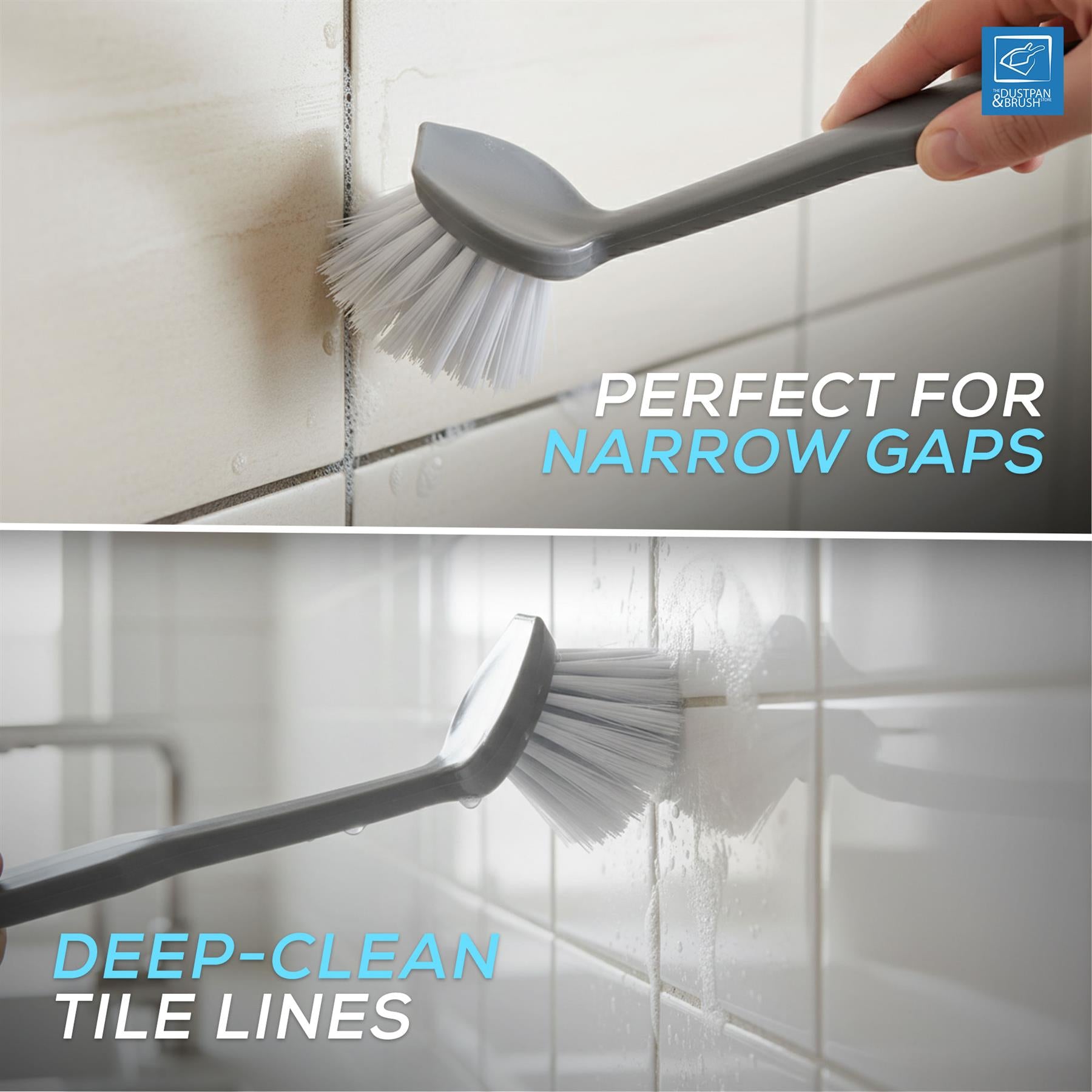 A grey handheld tile brush with white bristles shown cleaning white tiled surfaces, with text reading 'PERFECT FOR NARROW GAPS' and 'DEEP-CLEAN TILE LINES'. A hand is visible holding the brush.