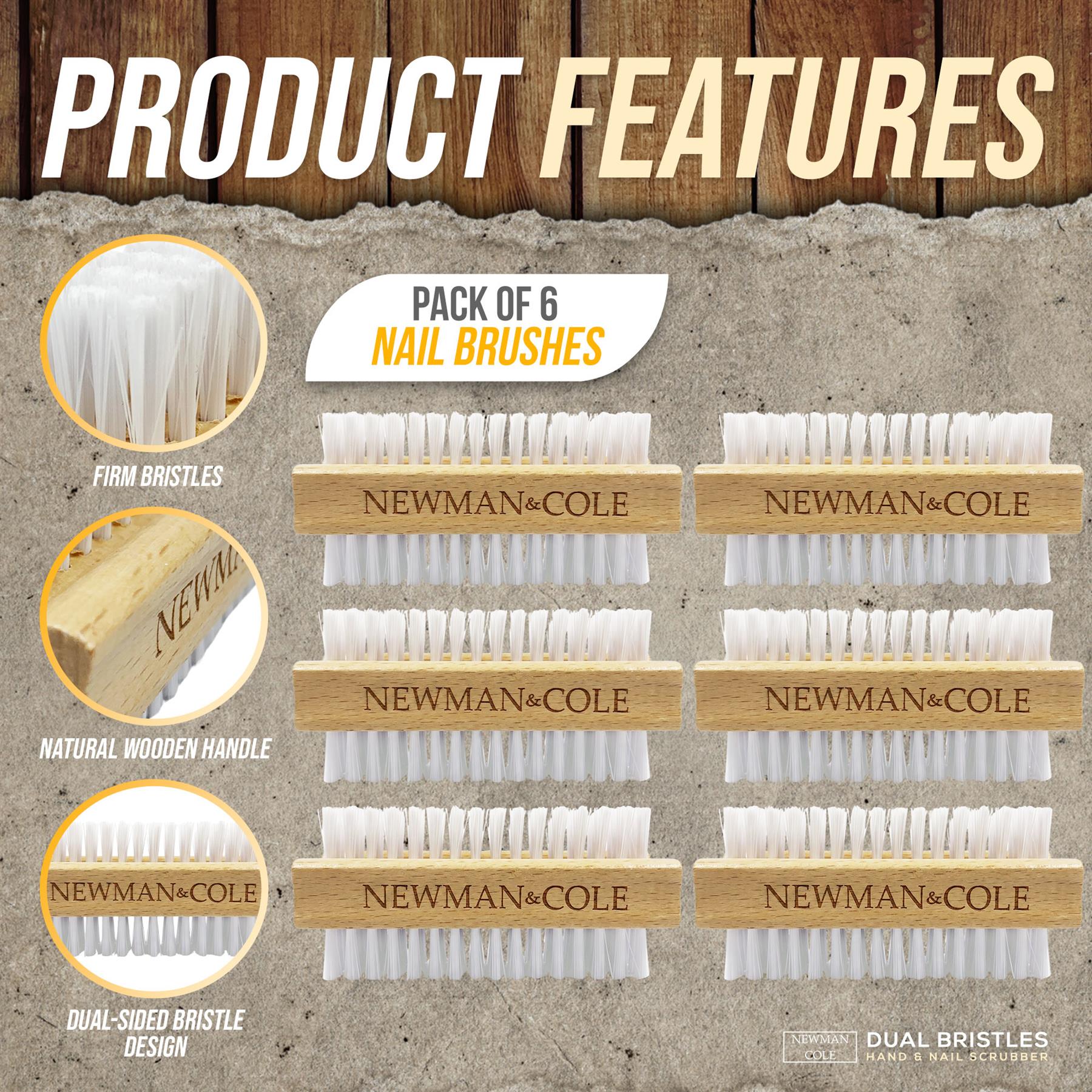 Product features graphic for a pack of 6 Newman & Cole nail brushes, showing six wooden-handled dual bristle brushes on a textured gray background with wood paneling at the top and callout circles explaining firm bristles, natural wooden handle, and dual-sided bristle design.