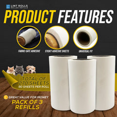 Three white adhesive refill rolls displayed on a wooden surface with a dark background and promotional text. The image includes circular inset close-ups showing the fabric-safe adhesive, sticky adhesive sheets, and universal fit, along with small pet illustrations and a yellow banner stating 'Total of 270 sheets, 90 sheets per roll'.