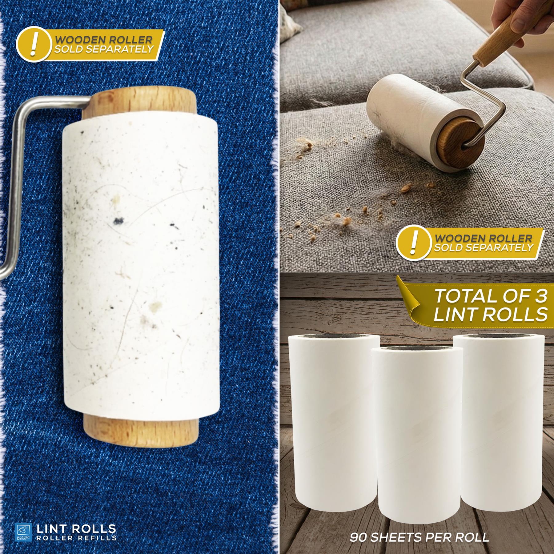 Three-panel collage showing lint roller refills: a close-up of a white lint roll with wood ends on a blue textured surface, a hand using a wooden roller on a gray sofa, and three white lint rolls on a wood floor with text noting 90 sheets per roll and wooden roller sold separately.