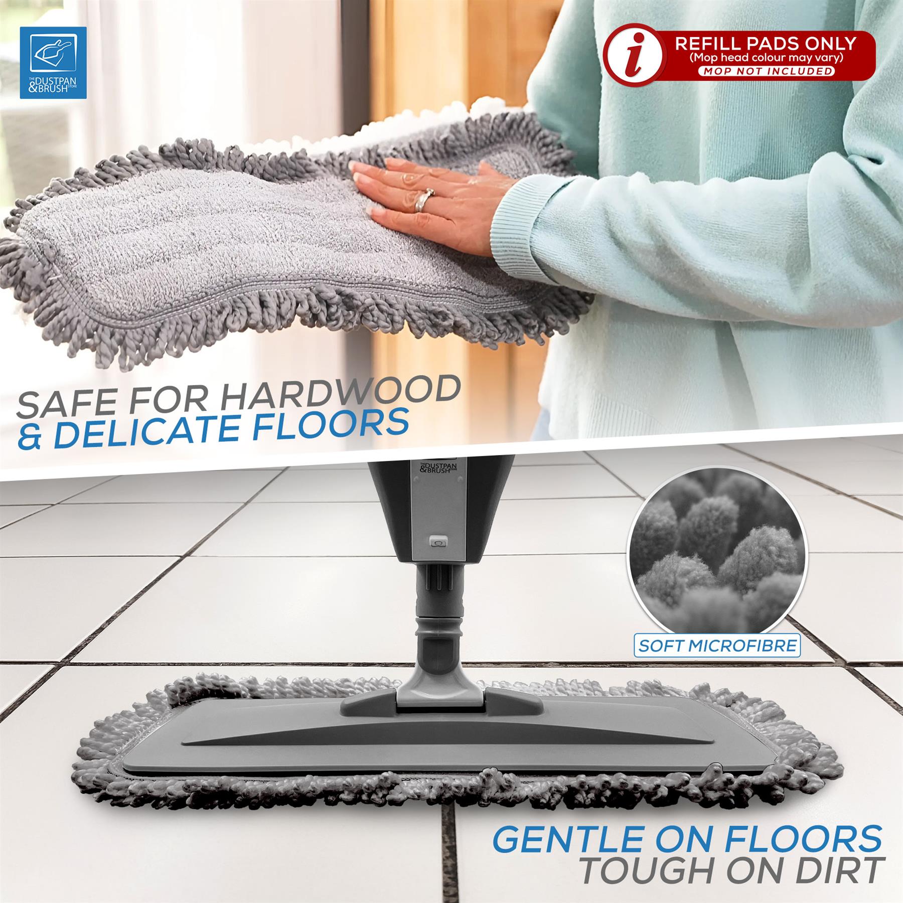 A microfibre floor mop pad being held by a person wearing a light blue sweatshirt, with a grey mop head shown below on a tiled floor. Text highlights safe use for hardwood and delicate floors, soft microfiber, and gentle cleaning on floors.