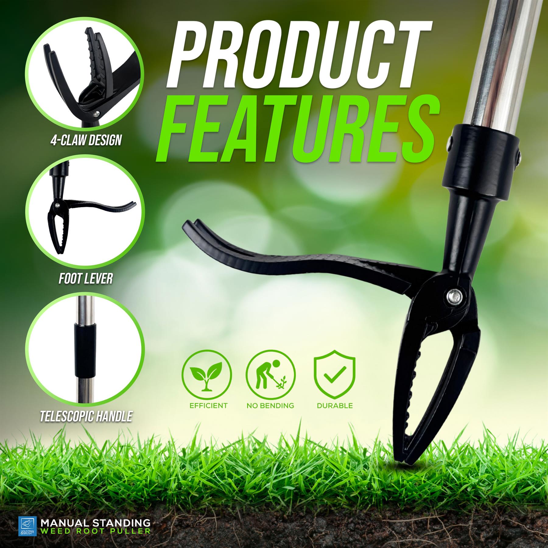 A product feature graphic for a weed root puller with a telescoping handle and black claw-style jaws. The image includes circular feature callouts labeled 4-claw design, foot lever, and telescoping handle, plus icons for efficiency, no bending, and durability.