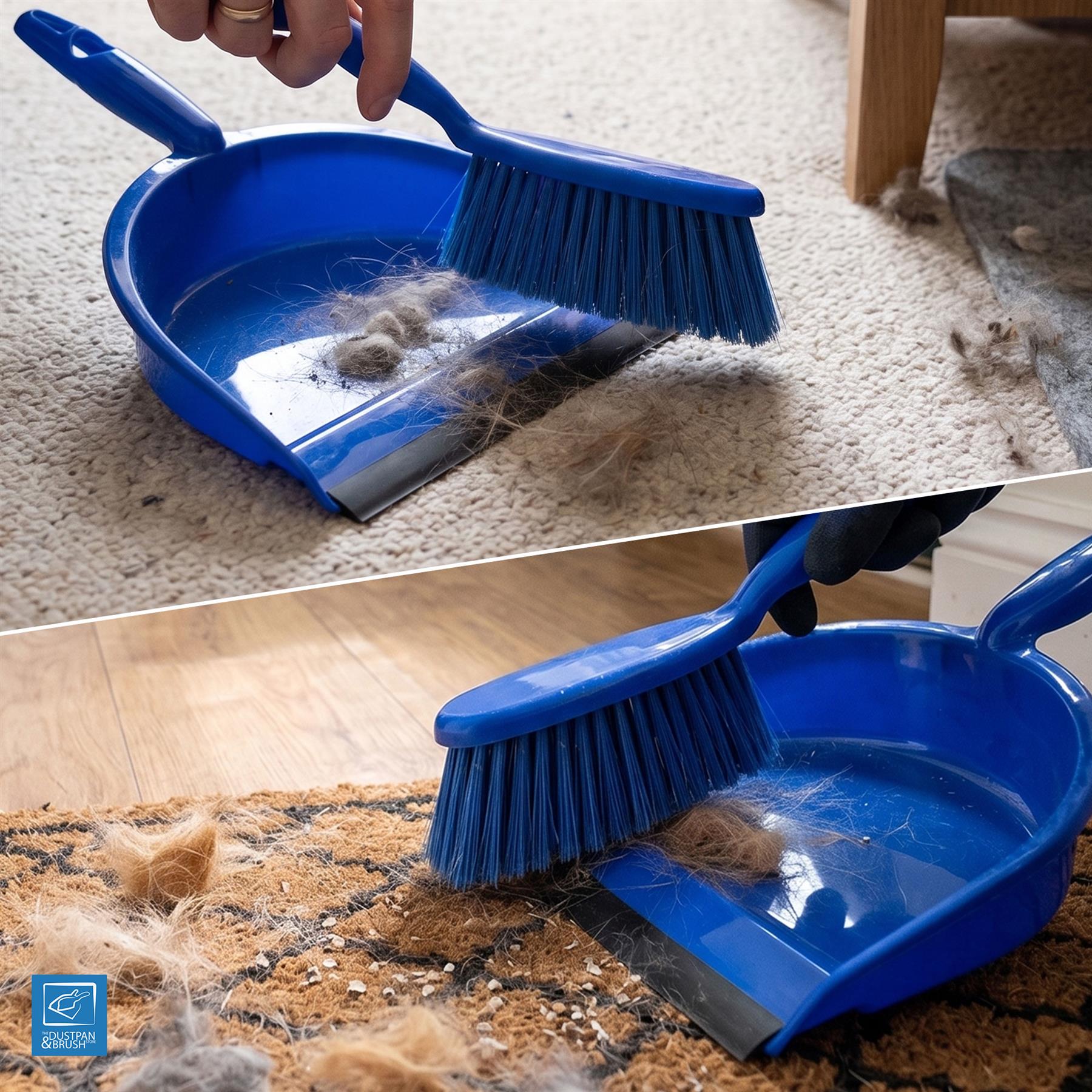 Blue dustpan and brush set cleaning up pet hair on a carpet.