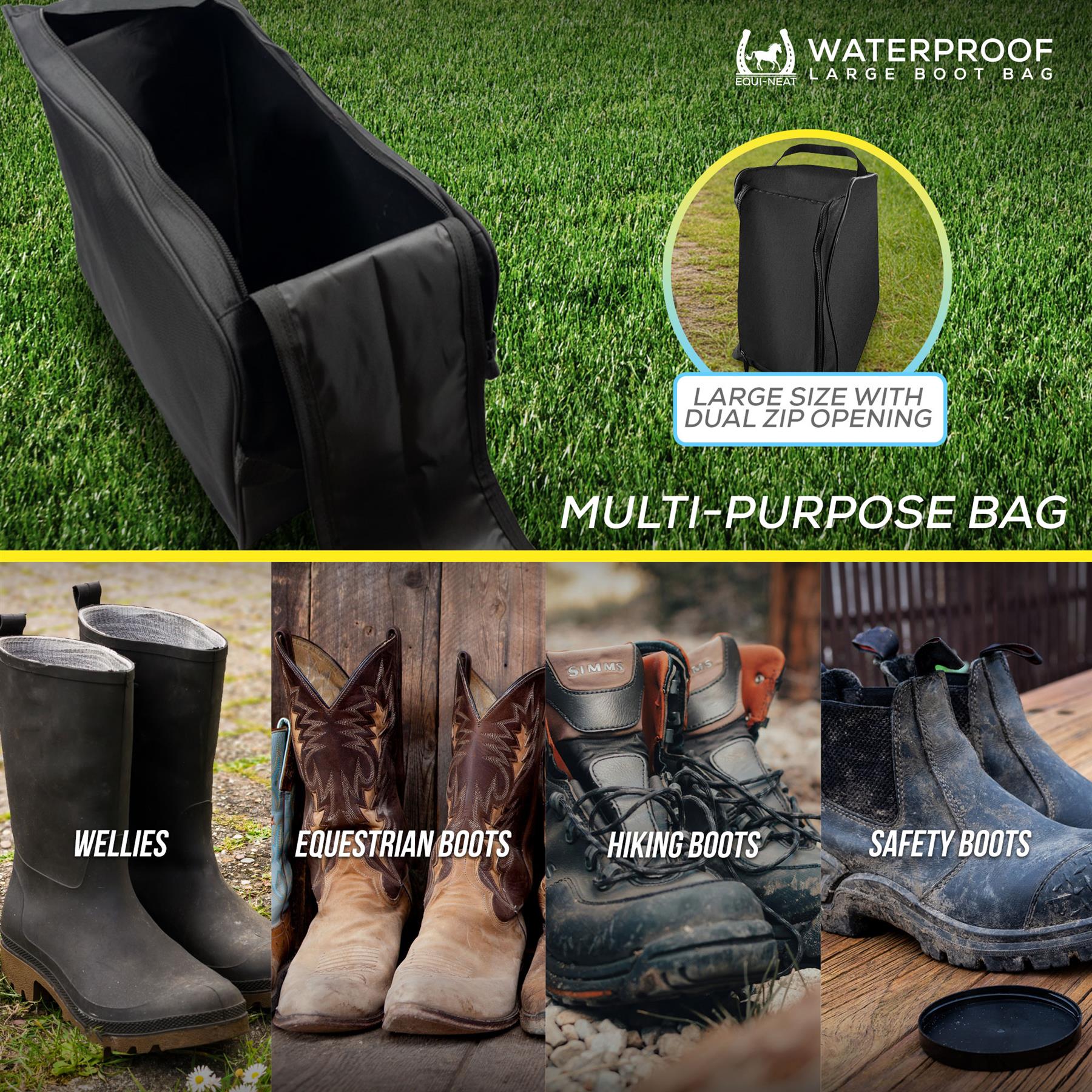 The large boot bag for fellies & walking boots, a multi-purpose boot bag shown on grass, with inset photos of various boots (wellies, equestrian boots, hiking boots, safety boots) and text highlighting its large size, dual zip opening, and waterproof feature.