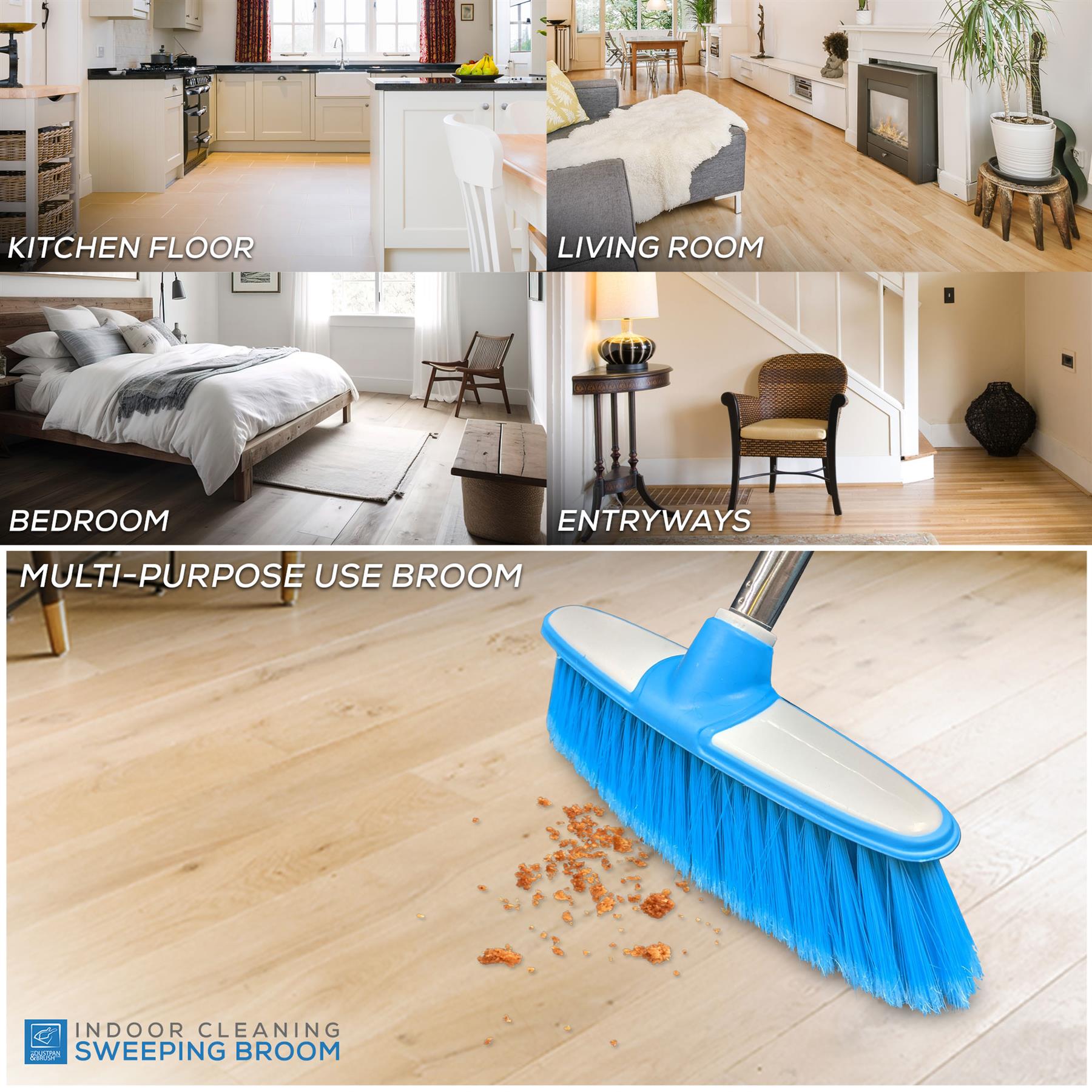 Blue & White Indoor Broom with 4 Piece Stainless Steel Handle - The Dustpan and Brush Store