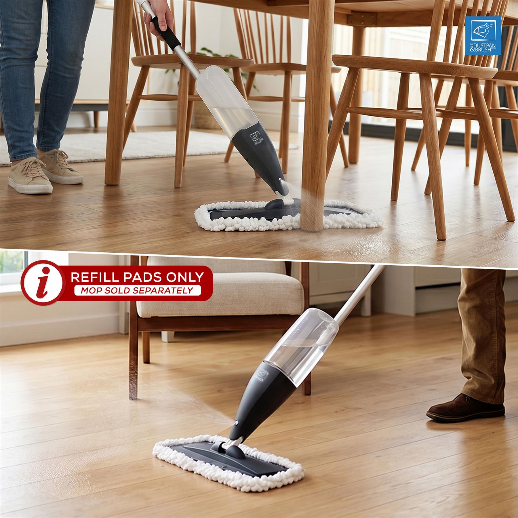 Steam mop being used on a hardwood floor in a dining room, with a person's legs visible holding the mop handle. The top panel shows the mop in use near wooden chairs, and the bottom panel shows the mop head and handle on the floor with a 'REFILL PADS ONLY' badge.