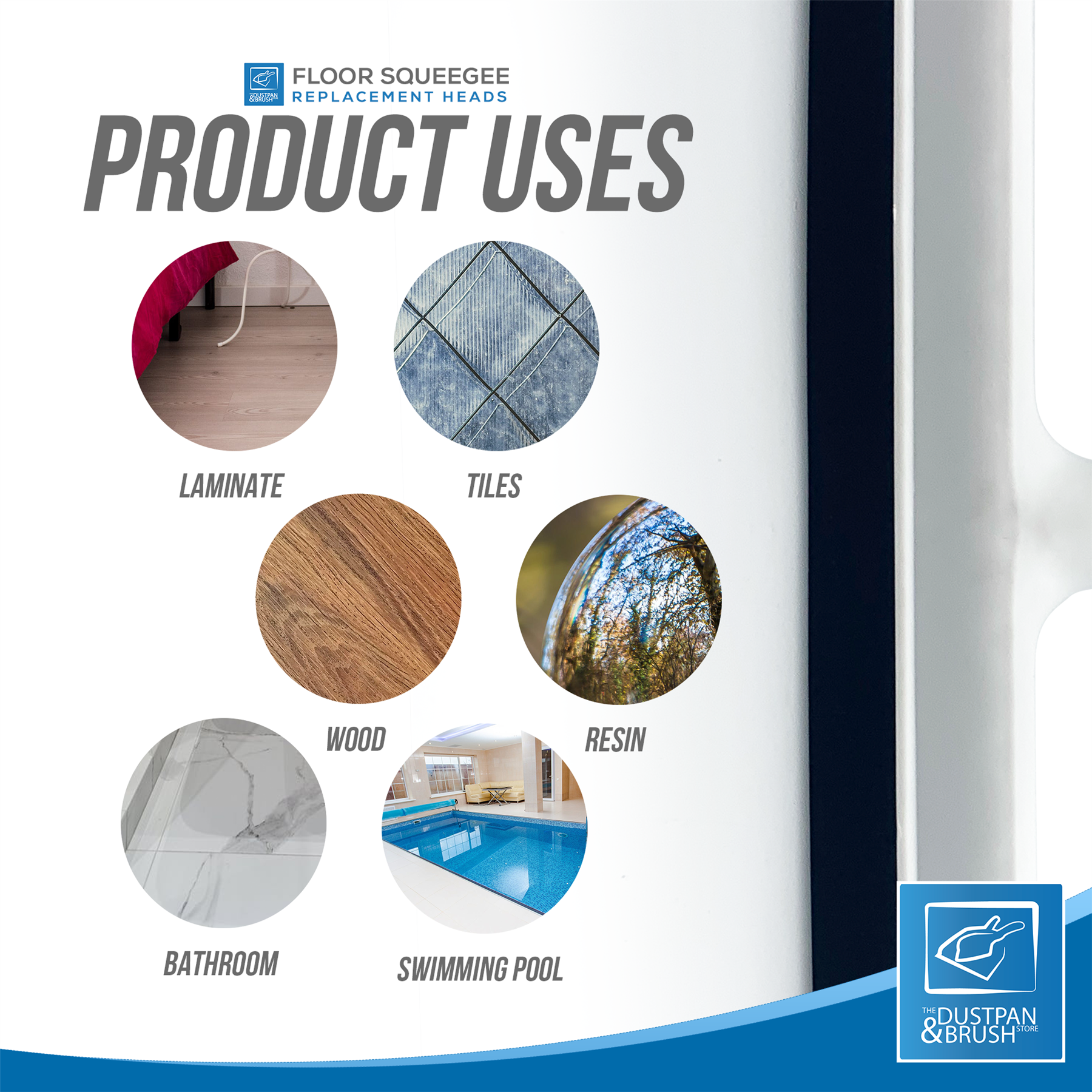 Product uses diagram for a floor squeegee replacement head, showing circular images of laminate, tiles, wood, resin, bathroom, and swimming pool surfaces, with the text 'PRODUCT USES'