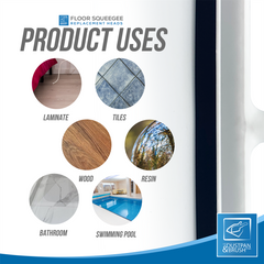 Product uses diagram for a floor squeegee replacement head, showing circular images of laminate, tiles, wood, resin, bathroom, and swimming pool surfaces, with the text 'PRODUCT USES'