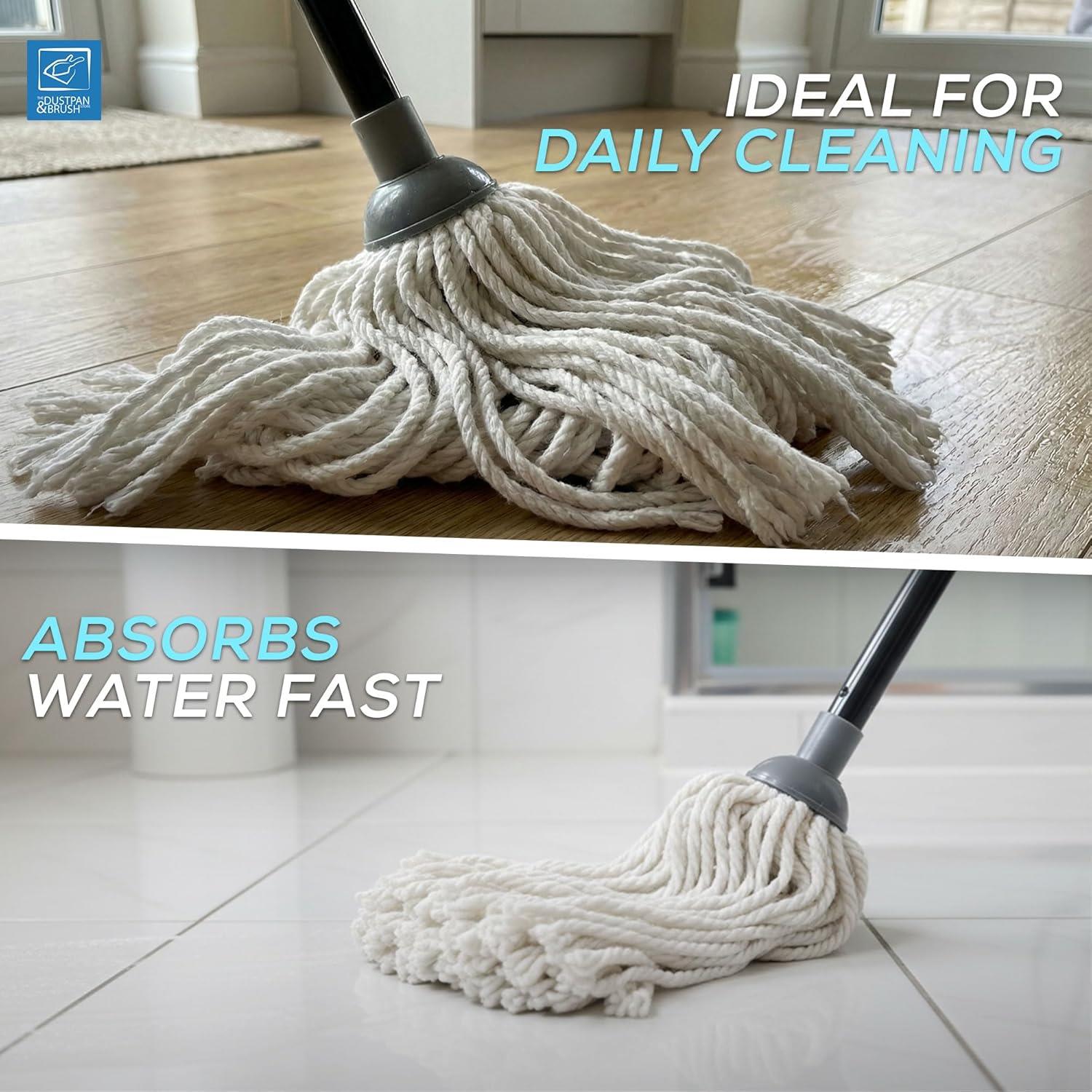 A two-panel promotional image showing a white cotton mop head on different floor surfaces. The top panel shows the cotton mop on a wooden floor with text reading 'IDEAL FOR DAILY CLEANING,' and the bottom panel shows it on a white tile floor with text reading 'ABSORBS WATER FAST. 