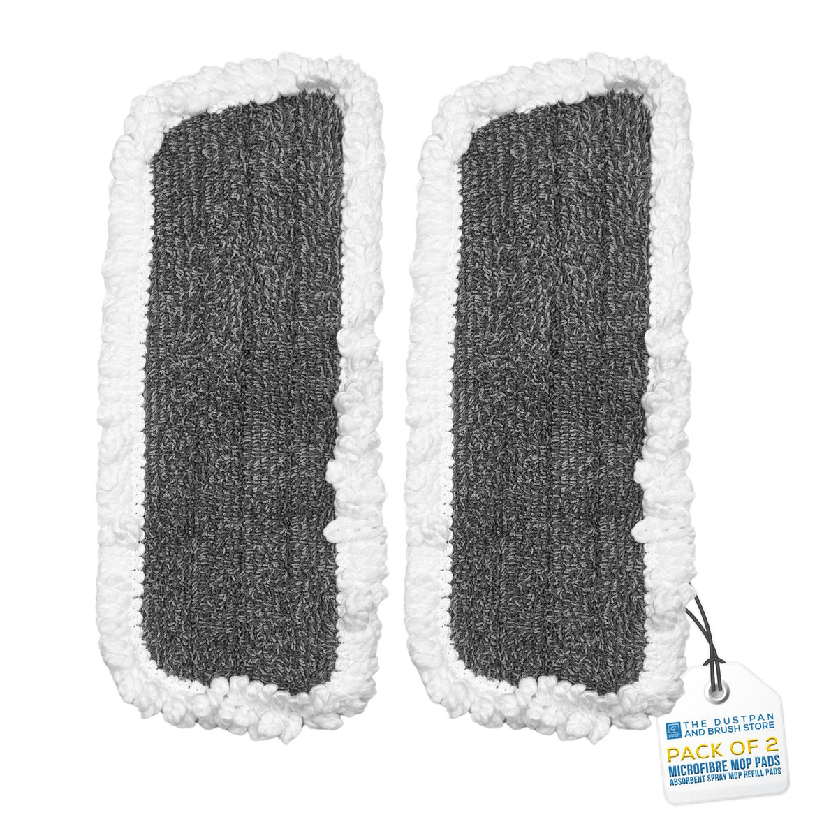 Two dark grey microfibre mop pads with white fluffy borders, shown on a white background with a product tag attached.