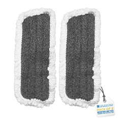 Two dark grey microfibre mop pads with white fluffy borders, shown on a white background with a product tag attached.
