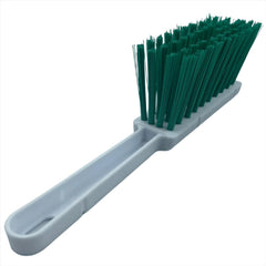 A plastic cleaning brush with a light gray handle and dark green bristles, shown on a plain white background.