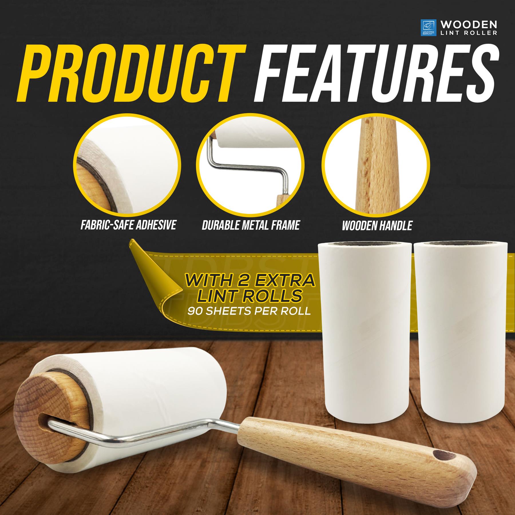 Wooden lint roller shown on a wood surface with product feature callouts above it, including fabric-safe adhesive, durable metal frame, wooden handle, and extra lint roll capacity. Brand text 'WOODEN LINT ROLLER' appears in the top right.
