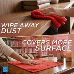 A red microfibre cleaning cloth shown being wiped on a wooden table in a home interior, with large text reading 'WIPE AWAY DUST' and a second scene showing the cloth covering more surface. A small blue logo appears in the bottom-left corner.