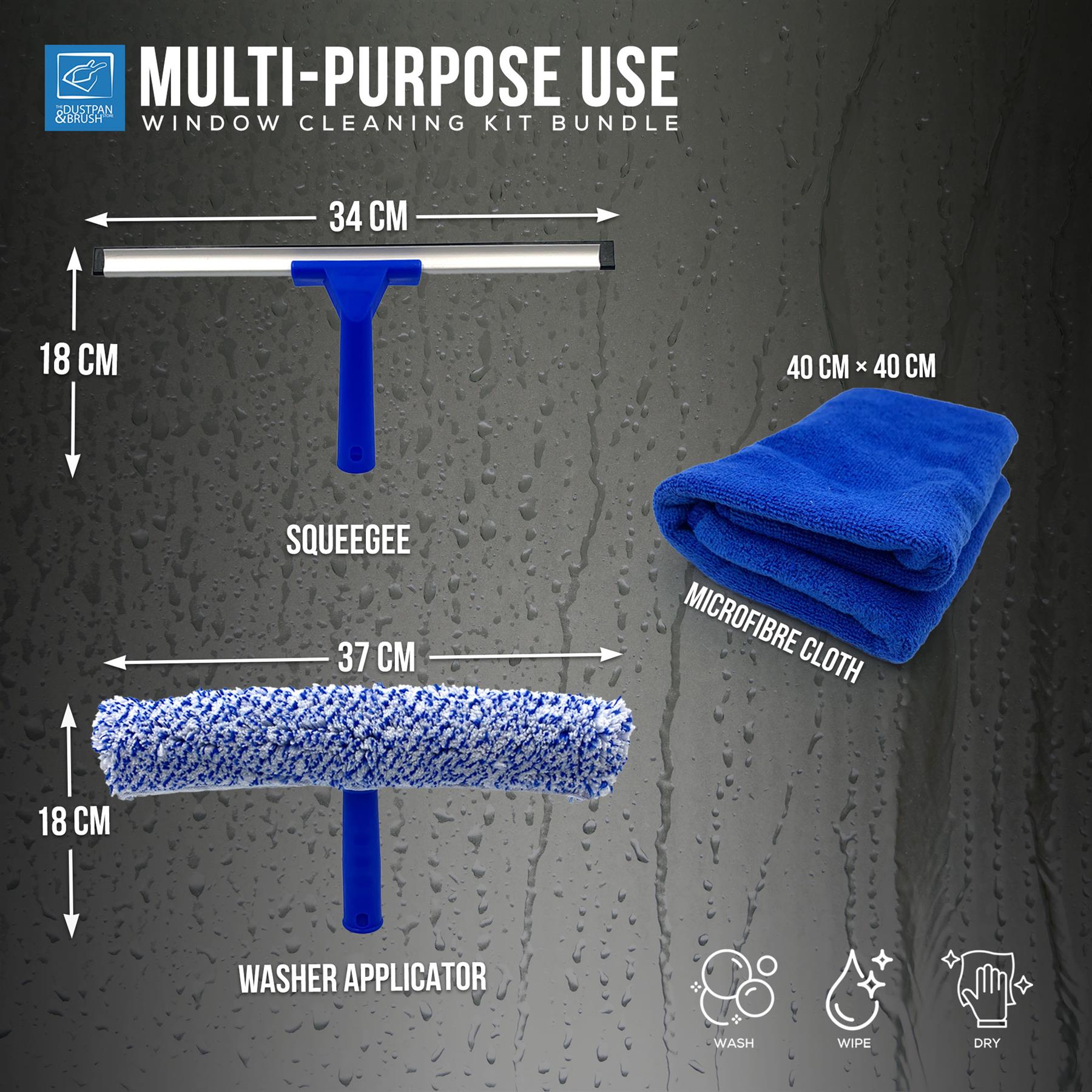 Window cleaning kit bundle with squeegee, microfiber cloth, and washer applicator on a gray background.