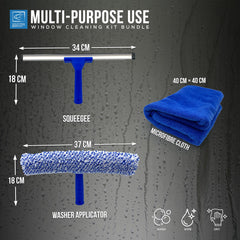 Window cleaning kit bundle with squeegee, microfiber cloth, and washer applicator on a gray background.