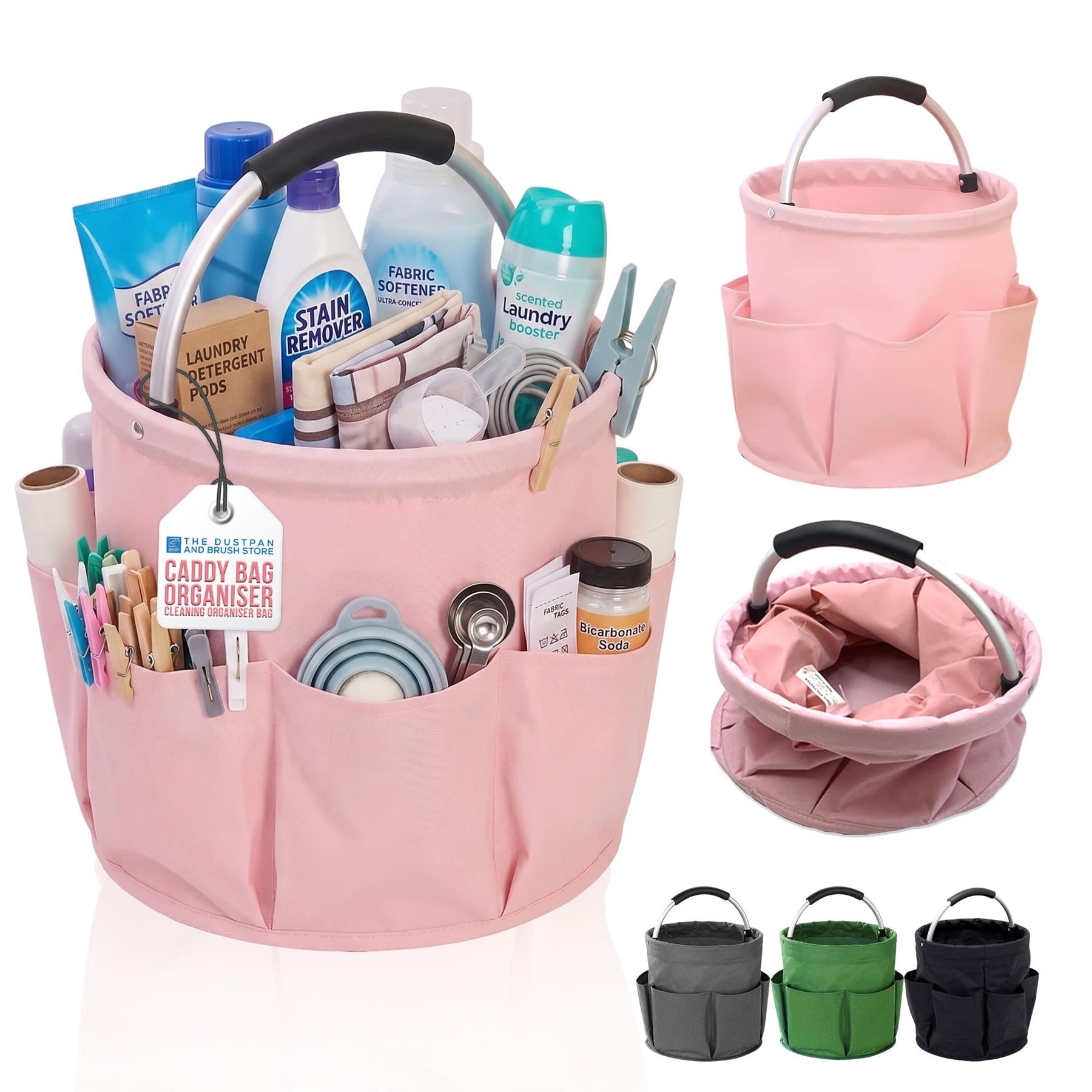 Pink fabric laundry bag organizer with a handle, shown filled with cleaning supplies and accessories, plus inset views of the empty bag in different colors on a white background.