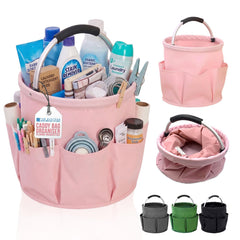 Pink fabric laundry bag organizer with a handle, shown filled with cleaning supplies and accessories, plus inset views of the empty bag in different colors on a white background.