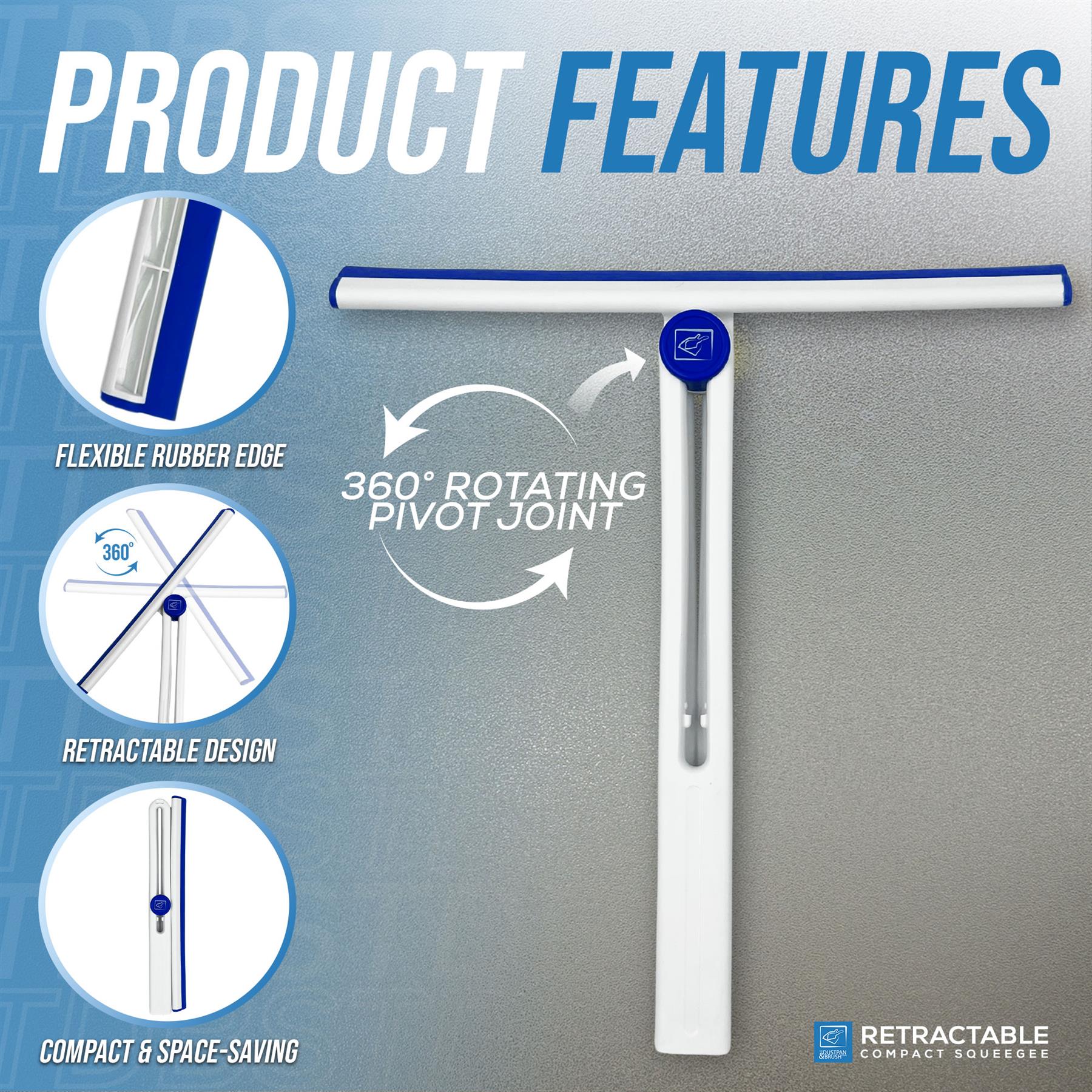 A retractable squeegee shown on a blue-gray background with large 'PRODUCT FEATURES' text and three circular feature callouts highlighting a flexible rubber edge, 360° rotating pivot joint, and compact space-saving design.