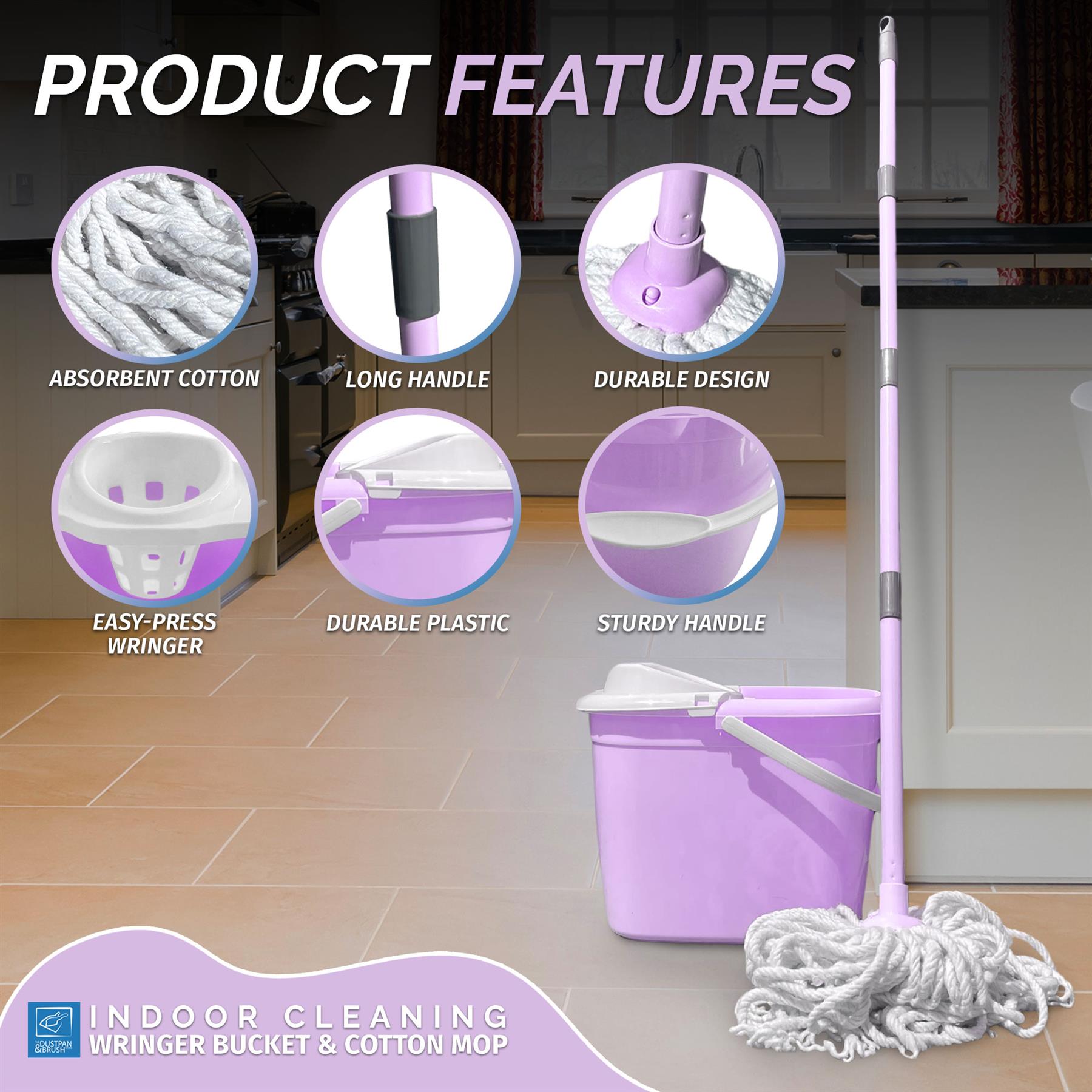 Lilac indoor cleaning wringer bucket mop set shown with six circular feature callouts on a kitchen floor background. The set includes a purple bucket, white wringer head, and a long lilac-handled cotton mop.