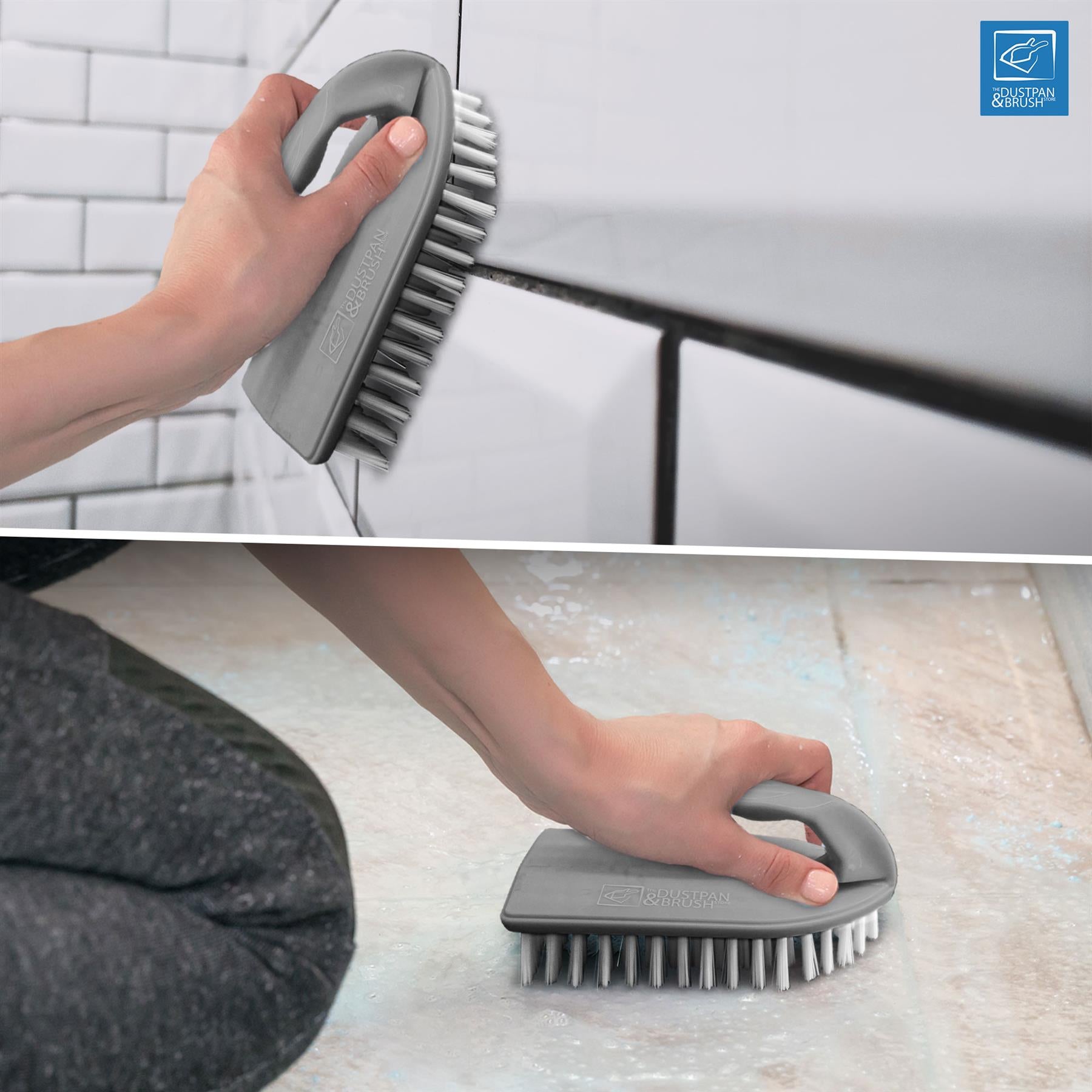 Grey scrub brush being used on a tiled wall and rug.
