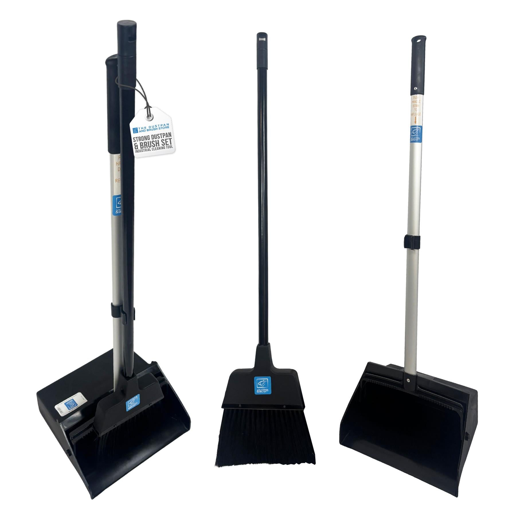 Heavy Duty Long Handled Dustpan and Brush Set on white background 