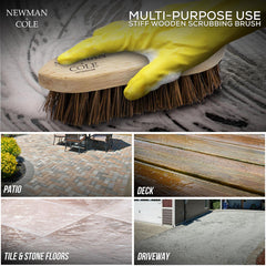 Newman Cole multi-purpose use stiff wooden scrubbing brush shown with a yellow-gloved hand, plus four inset real-world application photos for patio, deck, tile and stone floors, and driveway cleaning.
