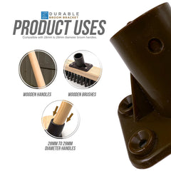 A product information graphic for a durable broom bracket. The right side shows a close-up of the dark brown plastic mounting bracket, while the left side contains text reading 'Durable Broom Bracket Product Uses' and three circular inset photos demonstrating use with wooden handles and wooden brushes.