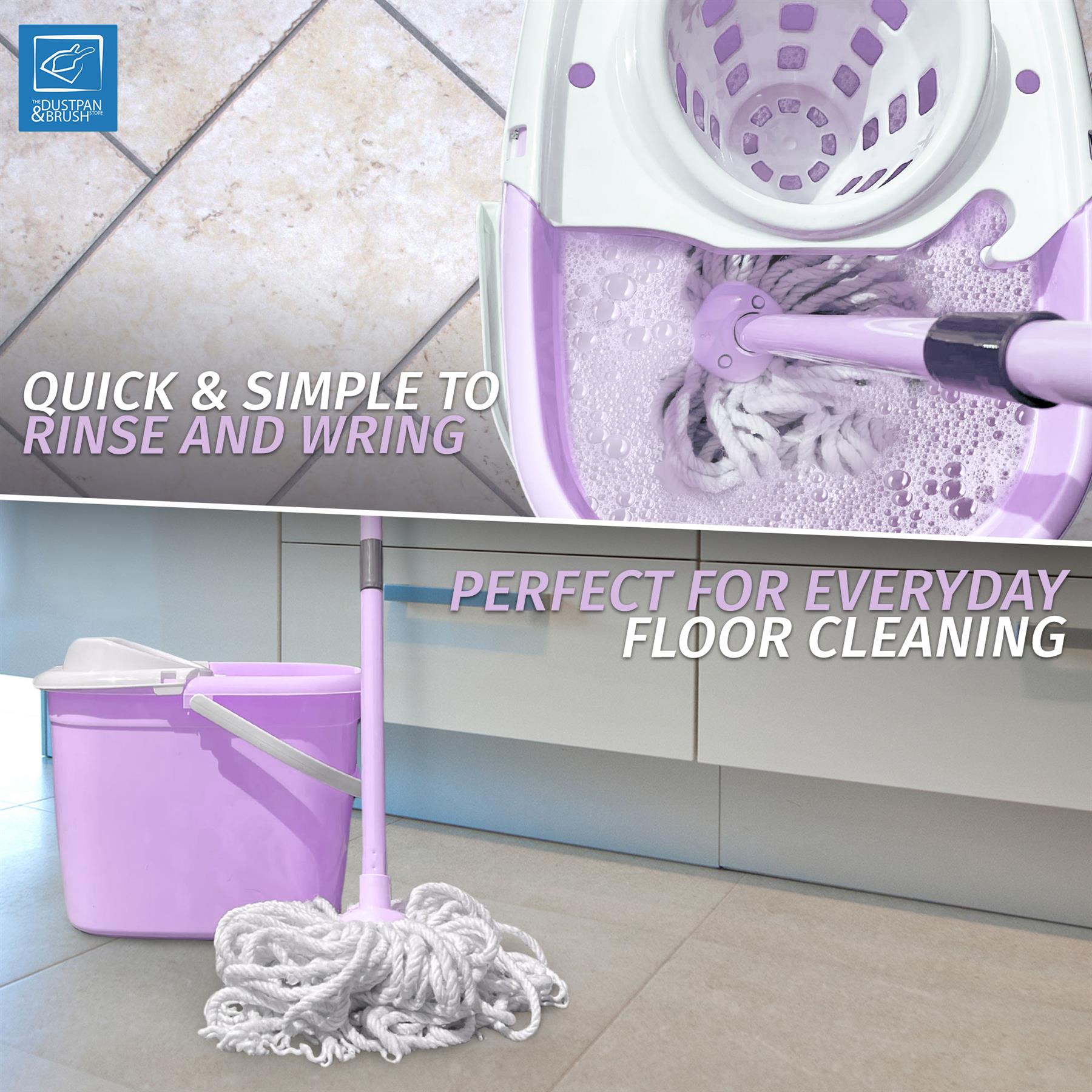 Lilac spin-and-wring floor cleaner set with a bucket, shown in a split-screen lifestyle layout with text overlays promoting quick and simple use for everyday floor cleaning.