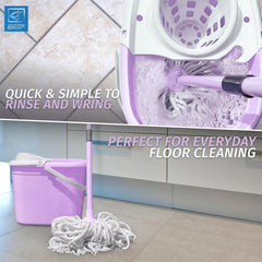 Lilac spin-and-wring floor cleaner set with a bucket, shown in a split-screen lifestyle layout with text overlays promoting quick and simple use for everyday floor cleaning.