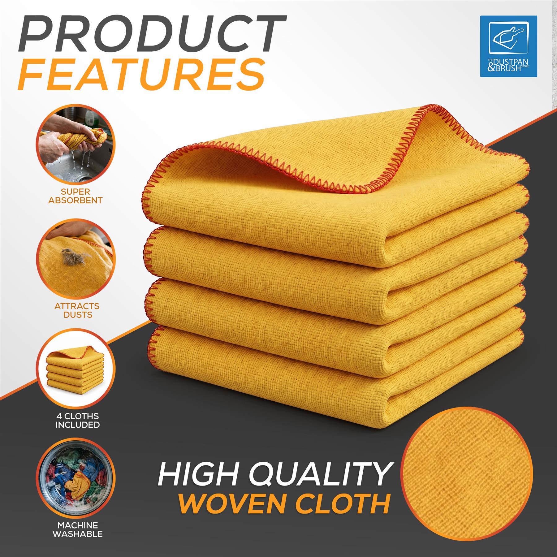 A stack of four yellow microfibre cleaning cloths with orange-red stitched edges, shown on a dark grey and white promotional graphic with text reading 'Product Features' and 'High Quality Woven Cloth.' 