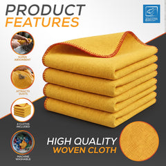 A stack of four yellow microfibre cleaning cloths with orange-red stitched edges, shown on a dark grey and white promotional graphic with text reading 'Product Features' and 'High Quality Woven Cloth.' 