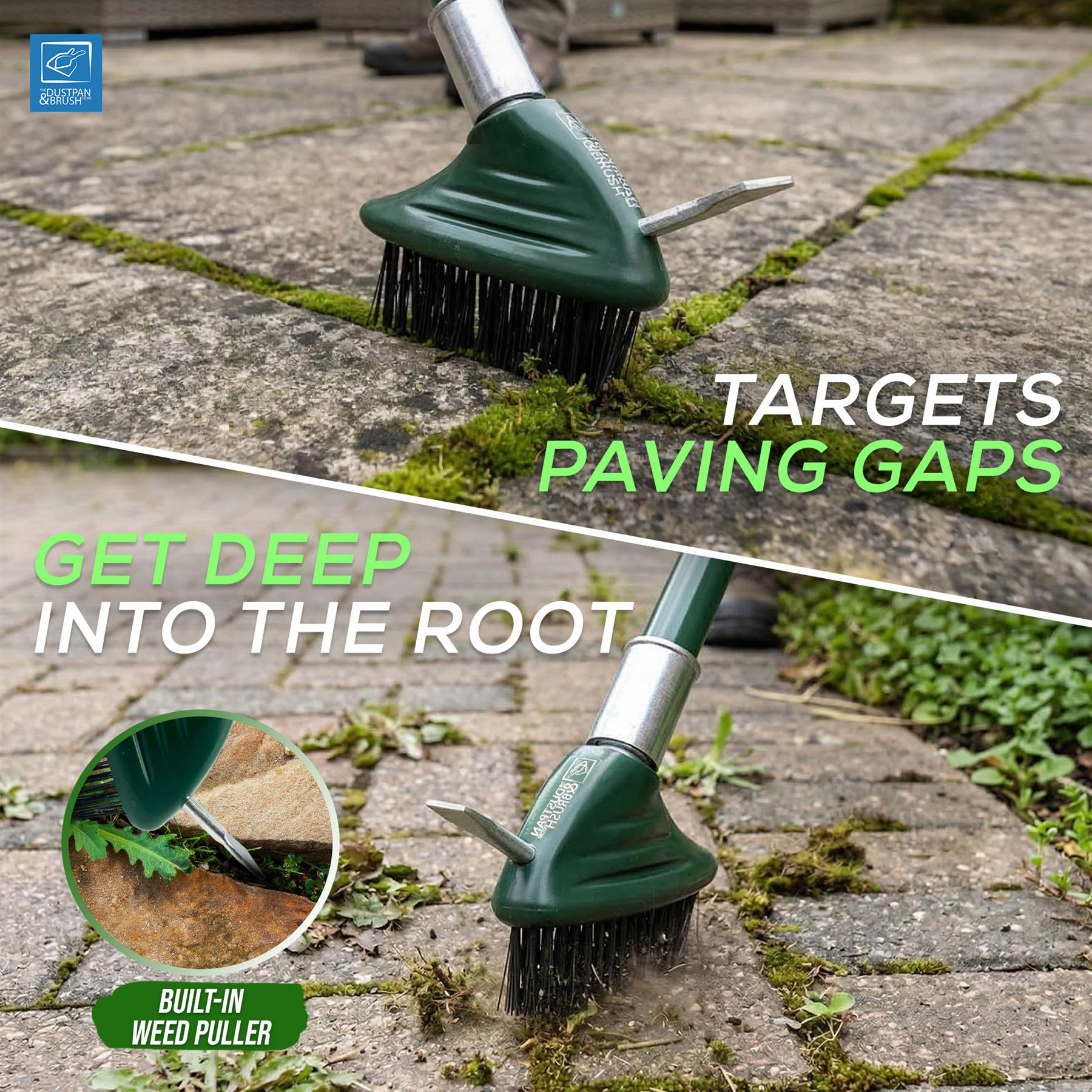 Gardening tool targeting paving gaps with text on its effectiveness.