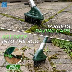 Gardening tool targeting paving gaps with text on its effectiveness.