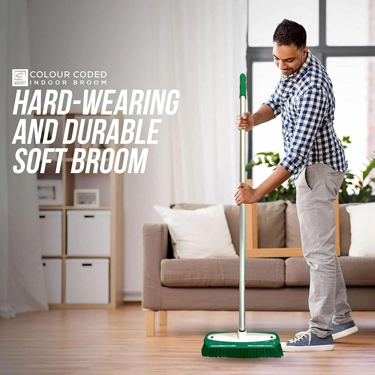 12" Medium Synthetic Broom Head & Handle with Scraper | Colour Coded