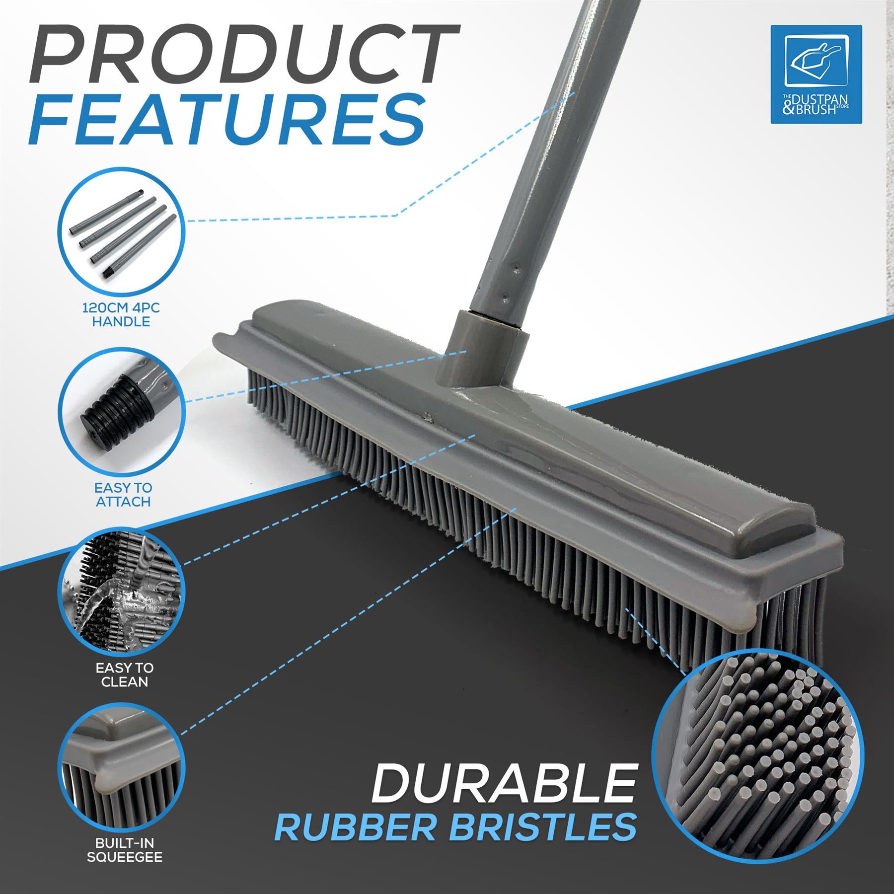 A grey push broom shown on a dark grey and white background with feature callouts and circular inset images highlighting a 100cm APC handle, easy to attach design, easy to clean surface, and durable rubber bristles. Text reads 'PRODUCT FEATURES' and 'DURABLE RUBBER BRISTLES.