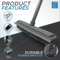 A grey push broom shown on a dark grey and white background with feature callouts and circular inset images highlighting a 100cm APC handle, easy to attach design, easy to clean surface, and durable rubber bristles. Text reads 'PRODUCT FEATURES' and 'DURABLE RUBBER BRISTLES.